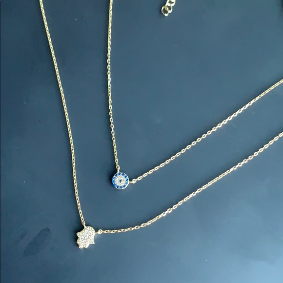 925 Layered Hamsa and Evil Eye Necklace Pave Gold - Picture 2 of 4